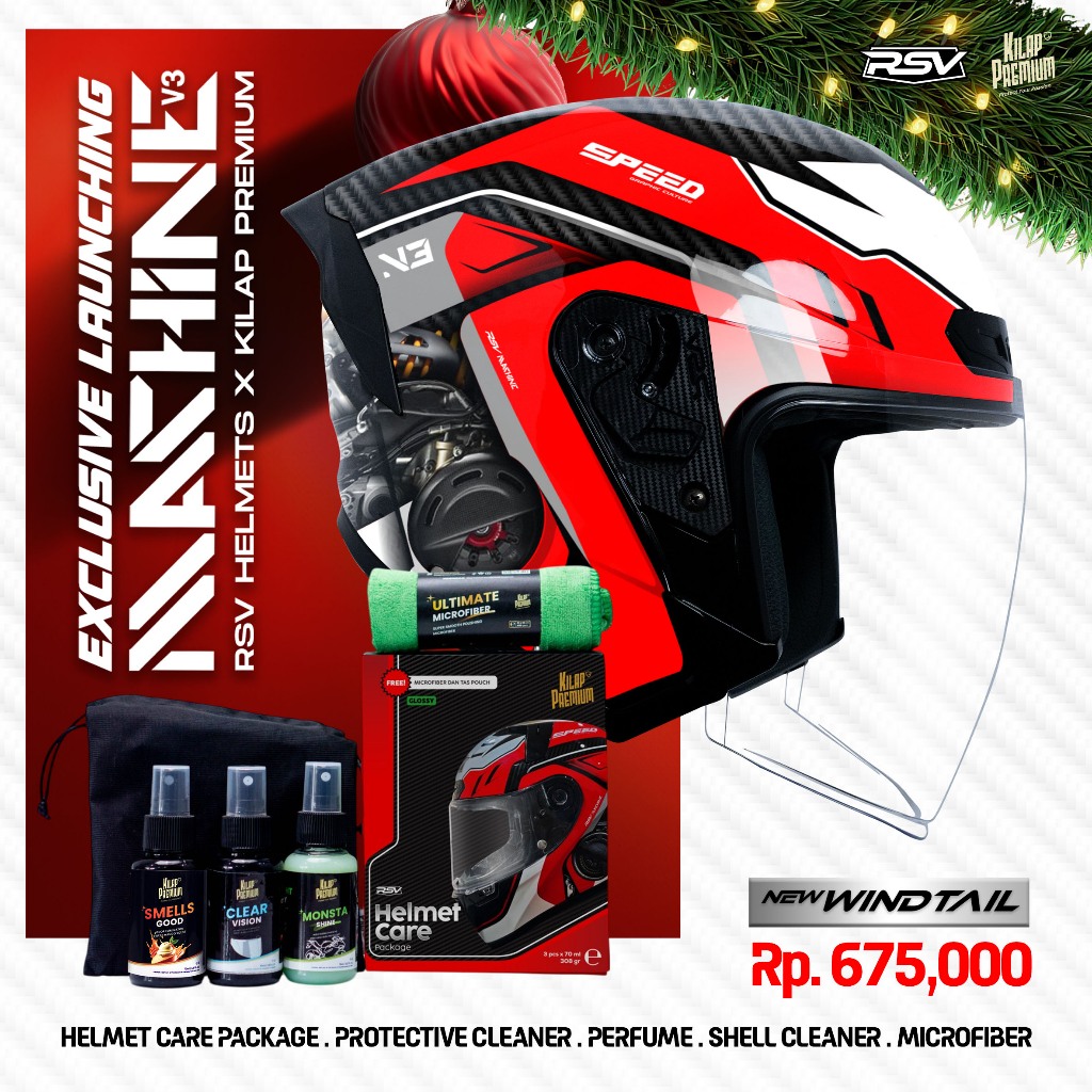 RSV New Windtail Machine Half Face Free Premium Helmet Care (Pengkilap, Parfum Mango, Pembersih Viso