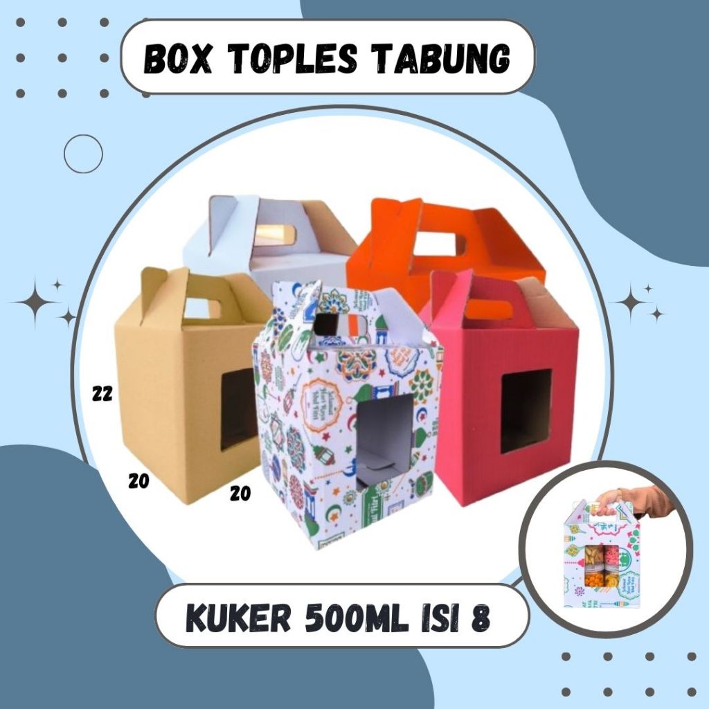 

Box 20x20x22 Jinjing (KUKER TOPLES JAR 500ml ISI 8) Kardus Idul Fitri Lebaran Hampers/Ied Mubarak/Box Boneka/Hampers Kue Kering