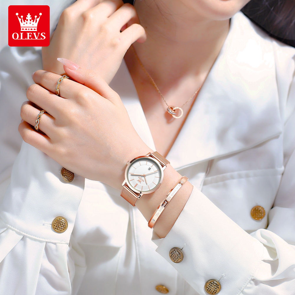ORIGINAL OLEVS Jam Tangan Wanita Anti Air Original Asli Dengan Tanggal Ultra-thin Rose Gold Jepang