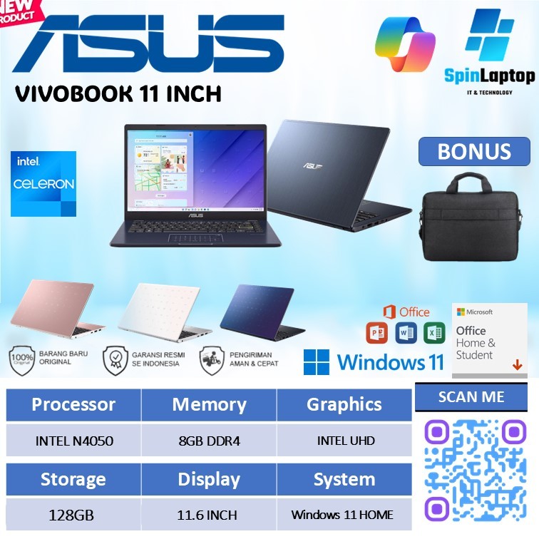 Asus Vivobook 11 inch E210KA Laptop kecil intel N4500 Ram 8GB 128GB Baru Resmi