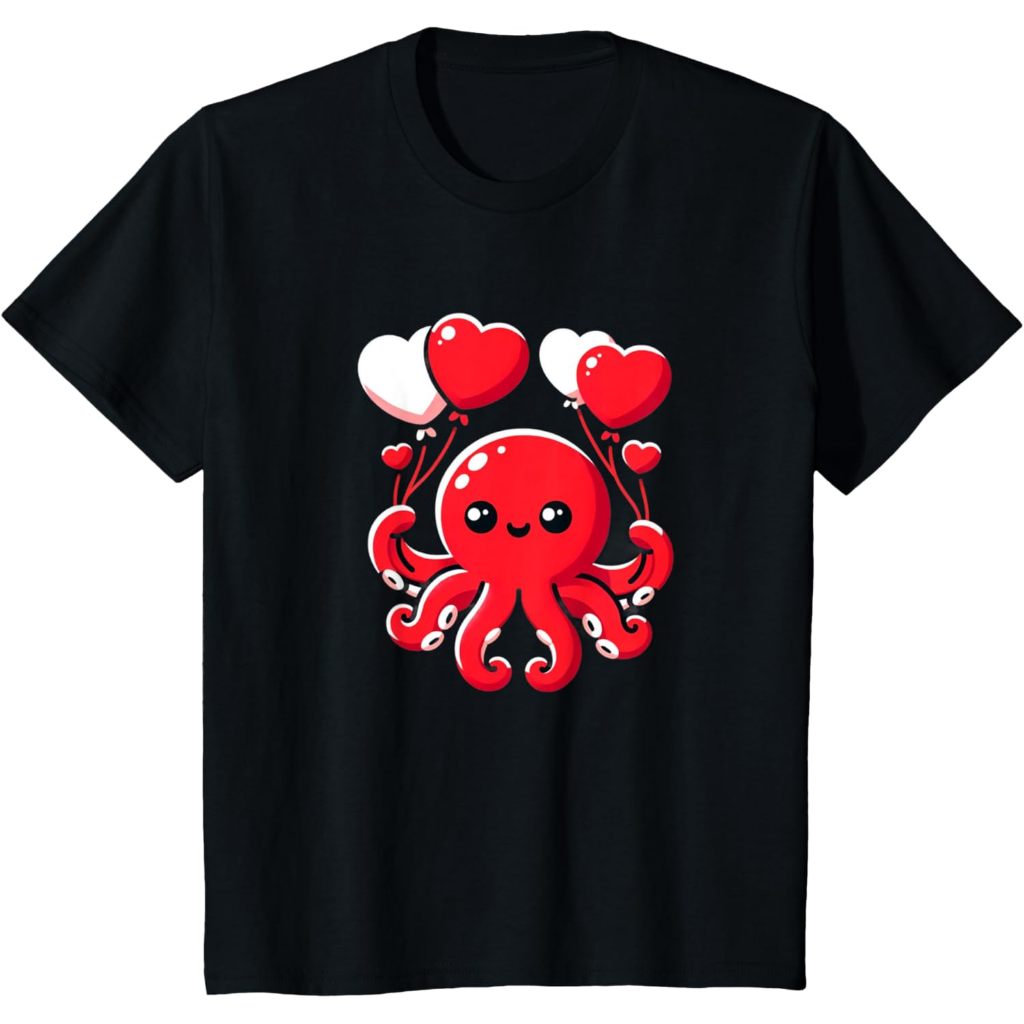 Baju kaos anak Octopus With Heart Balloons Adorable Valentines Day T-Shirt
