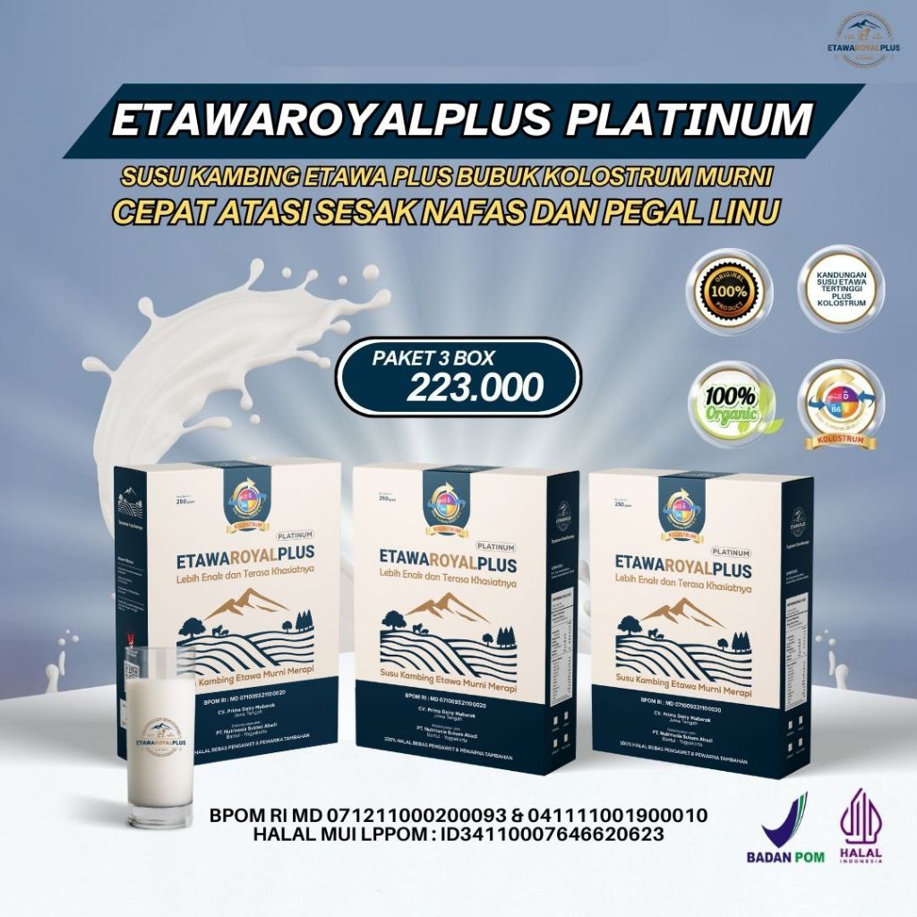

Susu Kambing Etawa Etawaroyalplus Kolostrum - Susu Etawaroyalplus Untuk Kesehatan Pernafasan dan Nyeri Sendi - Susu Kambing Etawa Plus Kolostrum Paket 3 Box 750gram
