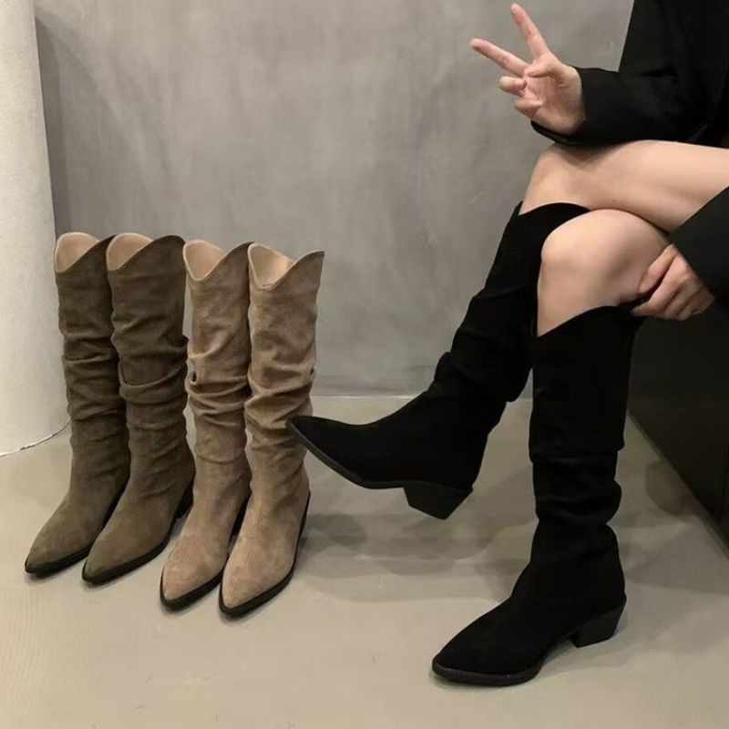Stacked Boots Female Knight Boots Long Boots Retro High Heel Pointed American High Boots