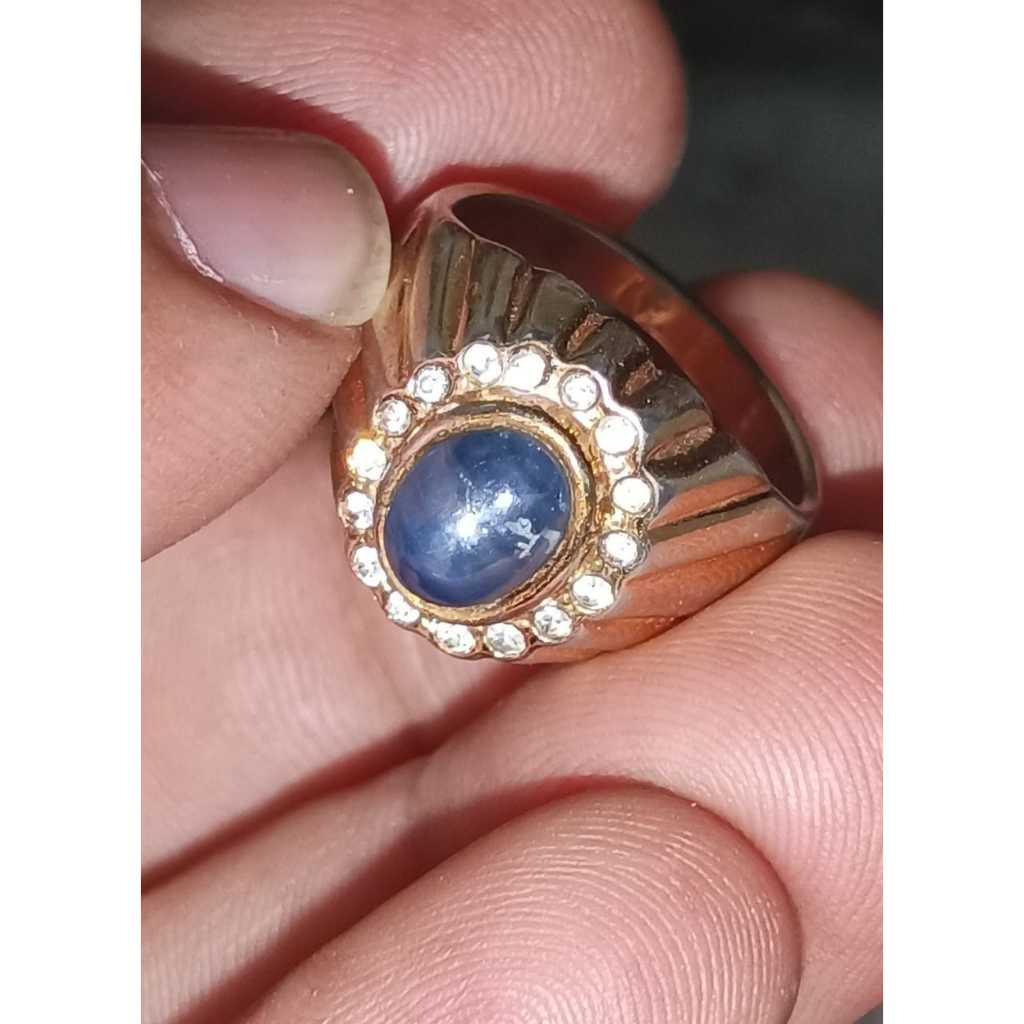 Natural Blue Safir Star Ring Alpaka Chrome Gold Mewah