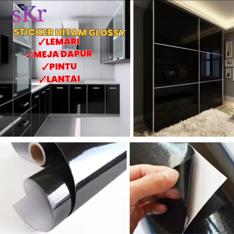 Sticker Furniture Lemari Dapur Kitchenset Anti Air Wallpaper Meja Pintu Lantai Hitam Polos Glossy