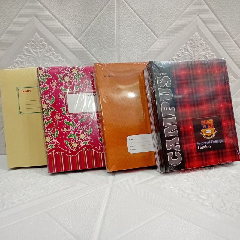 

Buku tulis OKEY 38 ukuran kuarto per pack isi 10 buku, sampul plastik isi 20, sampul padi isi 20.