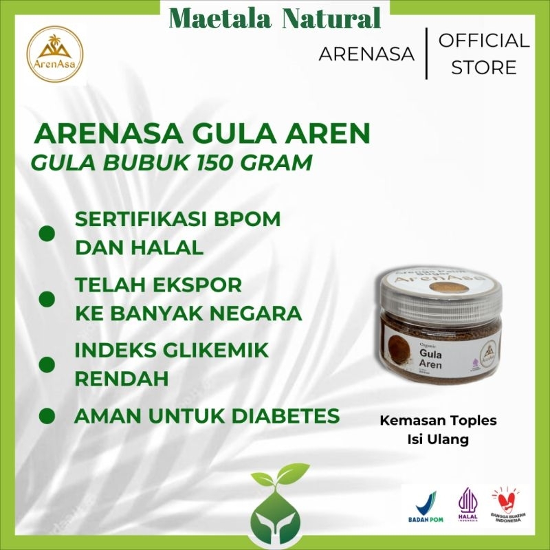 

Arenasa Gula Aren bubuk 150gram (palm sugar/gula semut) gula kesehatan, alami, organik, premium, rendah gl, serifikasi BPOM dan Halal, kemasan toples isi ulang