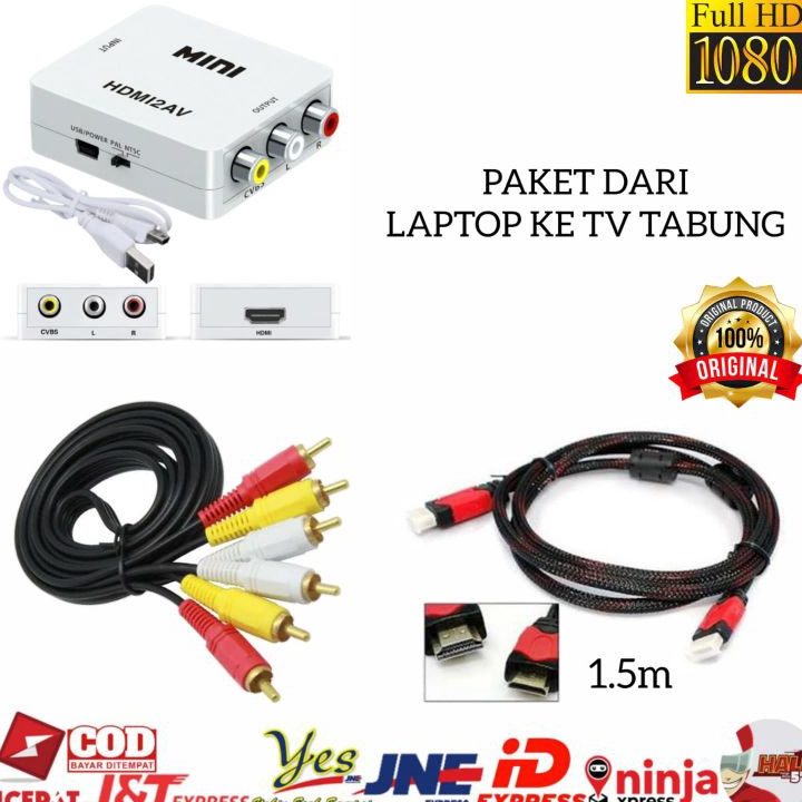 PAKET HDMI LENGKAP DARI LAPTOP STB PS3 KE TV TABUNG  CONVERTER HDMI TO AV RCA HDMI2AV ADAPTER  KABEL