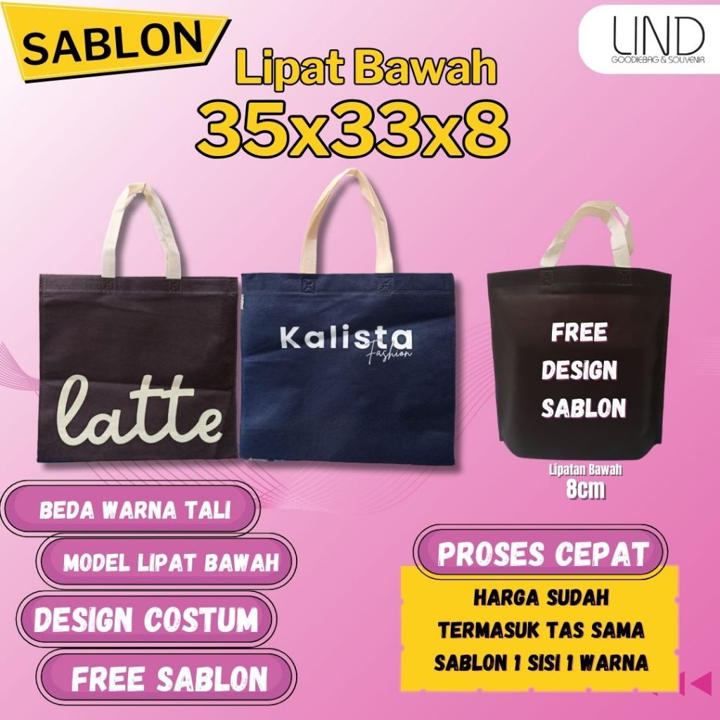 

Costum Design Sablon 1 hari beres Tas Spunbond Lipat Bawah warna tali beda 35x33x8