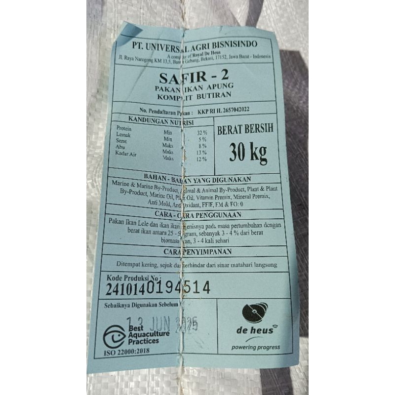 pakan ikan Safir-2 kemasan 500 gr