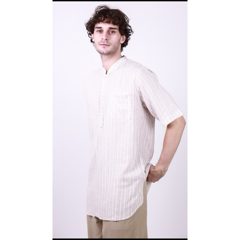 Kemeja kurta motif salur bahan katun linen premium