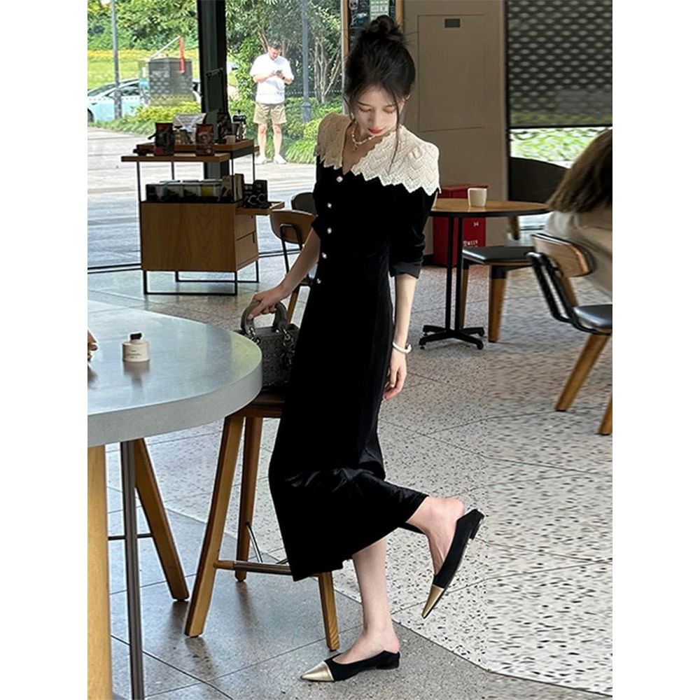 Dress velvet long sleeve brukat kancing variasi / gaun midi lengan panjang bludru import / korean vi