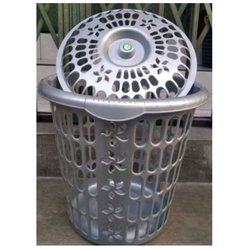 Keranjang Baju Bulat Abu Dengan TutupKeranjang Laundry Serbaguna Plastik