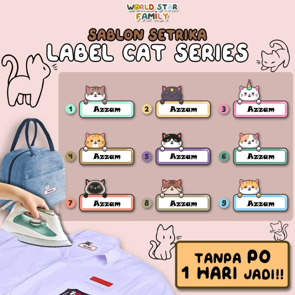 

Wsf Stiker Baju Kucing Lucu custom Nama BAYAR 1 Dapat 13 PCS stiker nama Cute Cat Sticker Nama Label Printing Kain kaos Sablon Setrika GRATIS Custom Nama Stiker Label DTF Tinggal di setrika