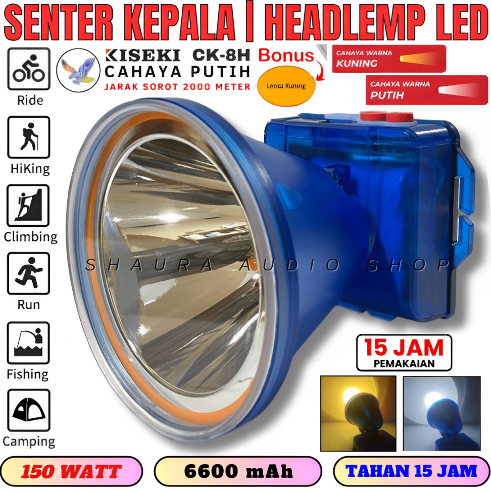 Senter Kepala Selam 150 Watt Kiseki Ck-8h Cahaya Putih Super Terang Batrai 6600mah | Headlamp Led Wa