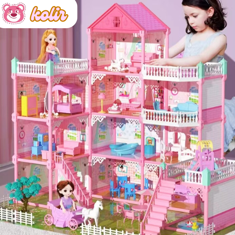 Rumah Boneka 3D Putri Vila Besar DIY Kastil Pink Rumah Bermain dengan Perosotan Halaman Kit Rumah Bo