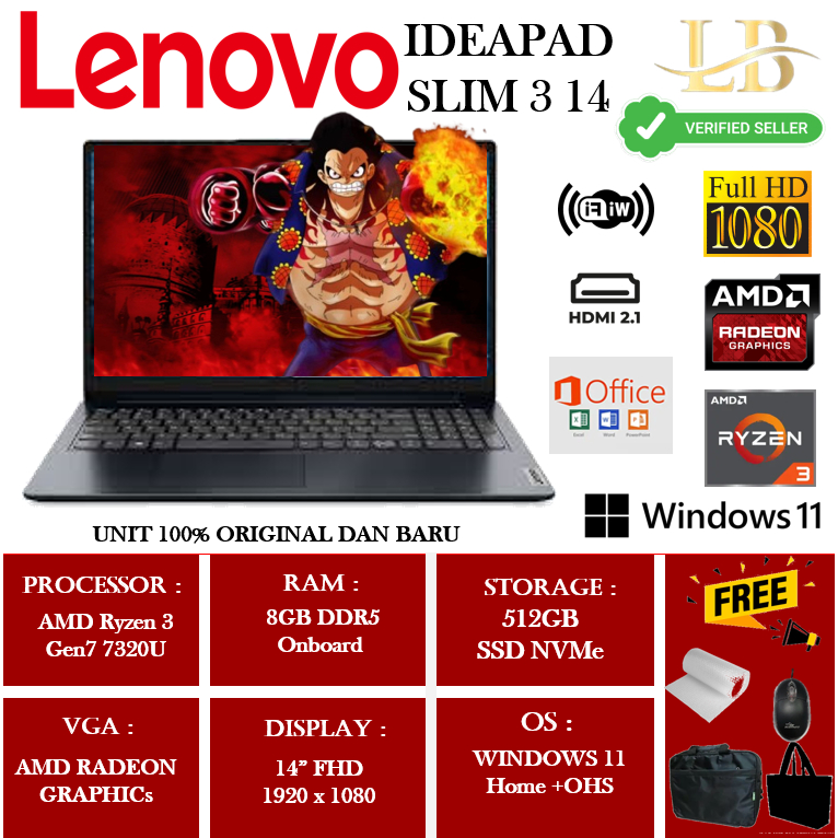 Laptop Desain Grafis Lenovo Ideapad Slim 3 Ryzen 3 7320U 8GB 512GB 14" FHD Windows 11 Home + OHS