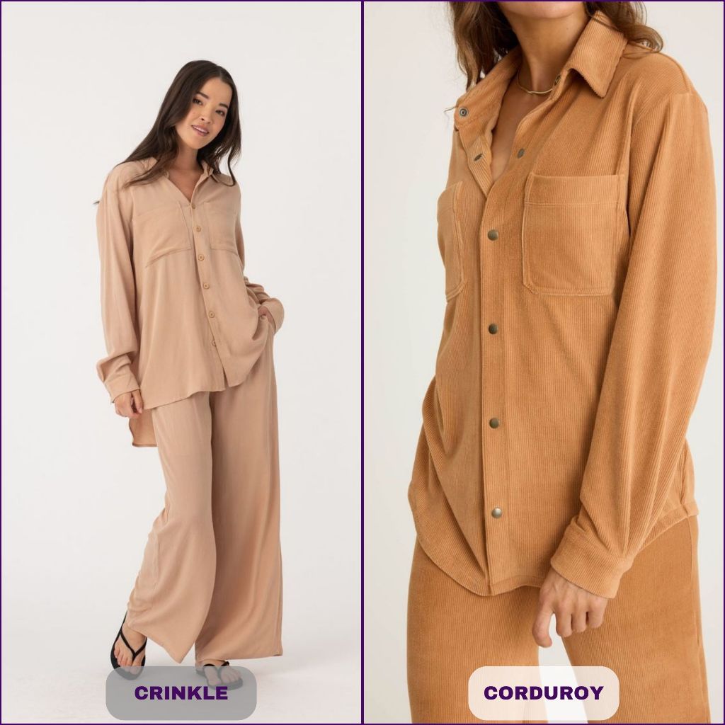 Setelan Wanita Moderen Kekinian Bahan Crinkle Dan Corduroy Premium - One Set Kemeja & Celana Kulot