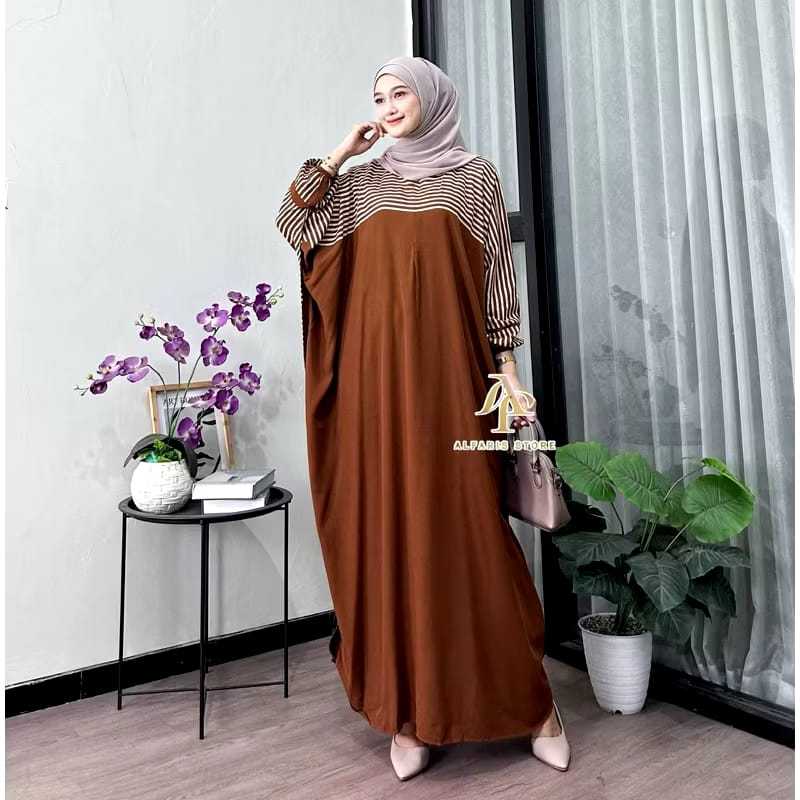 Kaftan Miska By Nisaa Home Dress Kaftan Lebaran Simple Elegan Motif Salur Busui Daster Kaftan Rayon