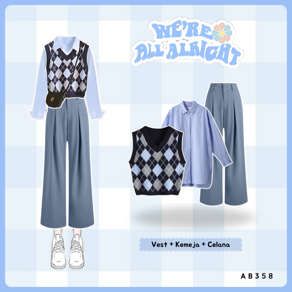Godiva Outfit 3 In 1 Set AB358 - One Set Korean Style Hijab Ootd Study Tour Simpel Setelan Wanita Ke