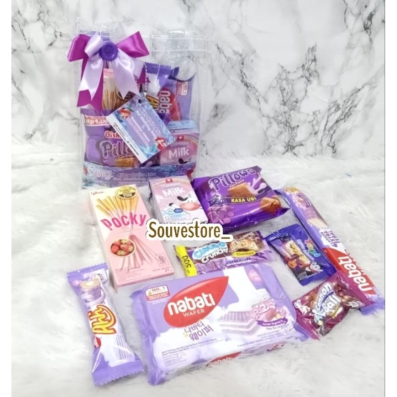 Paket Tas mika Serba ungu || Snack ulang tahun tema Ungu || Hampers snack ungu || Bingkisan snack se