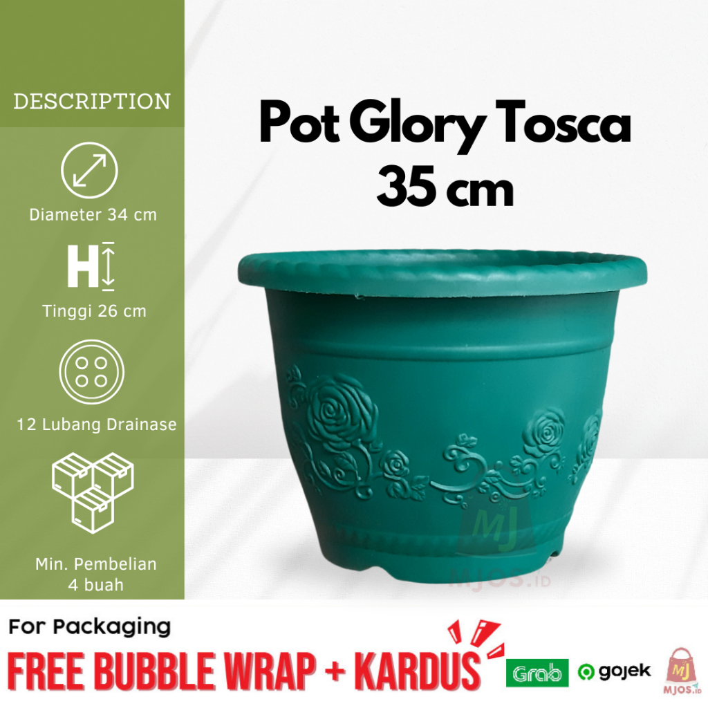 Pot bunga tanaman hias plastik glory estetik motif bunga tebal dan kuat warna hijau/tosca besar 35cm