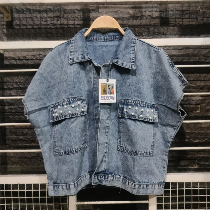 rompi vest jeans oversize wanita jeans gramasi 10ons non stretch aplikasi mutiara motek
