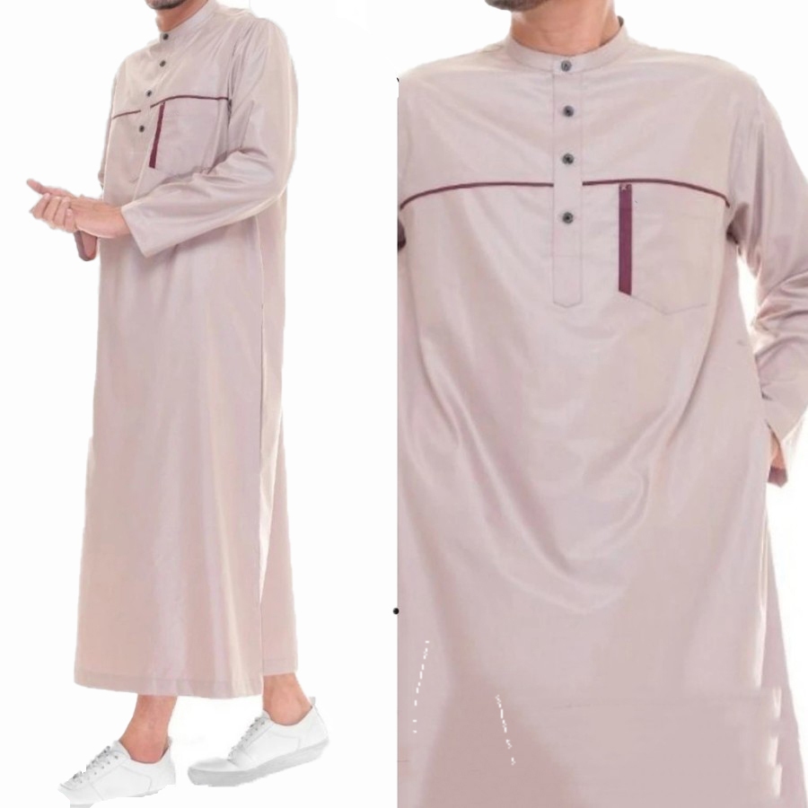 MOTAZ Jubah Gamis Pria Motif Lengan Panjang Bahan Katun Toyobo Kerah Shanghai Jubah Muslim Panjang B