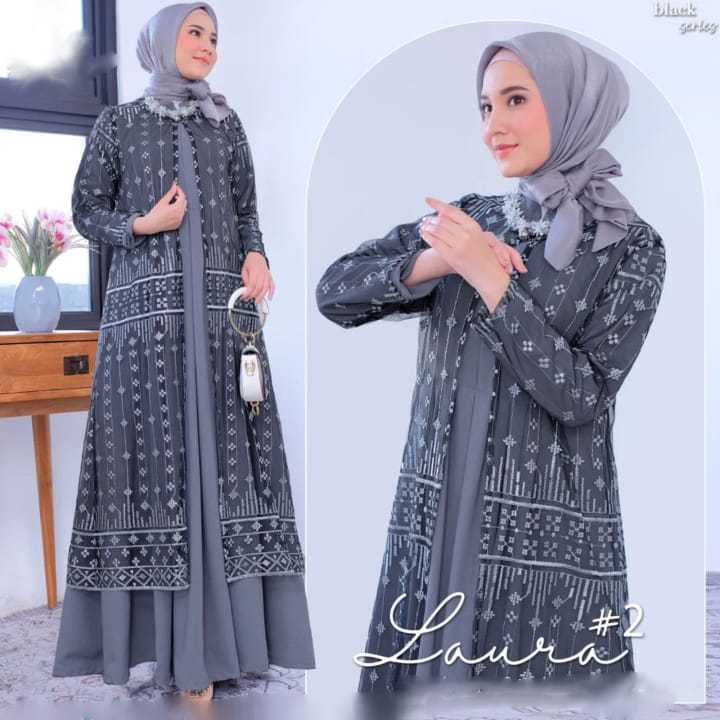 Kiukiu Laura Dress Bahan Crinckle mix Tile - Baju Kondangan - Baju Gamis Brukat Tile Mewah - Dress M