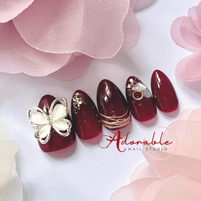 145 Press On Nails | Kuku Palsu | Fake Nails | Nail Art Wedding Maroon Gold Butterfly (Short Almond)