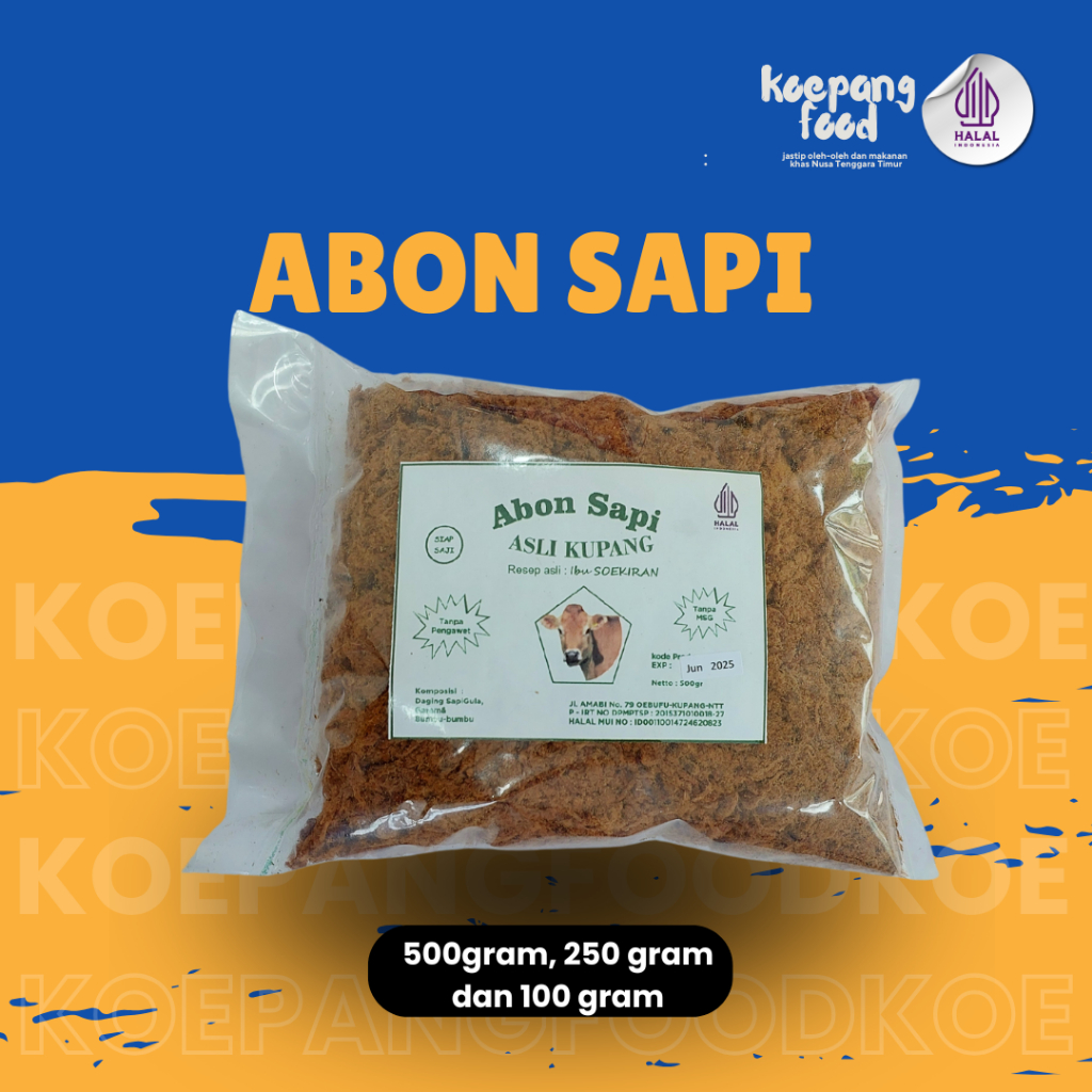 

Abon Sapi Ibu Soekiran Asli Kupang Kemasan 500gram, 250gram, 100gram