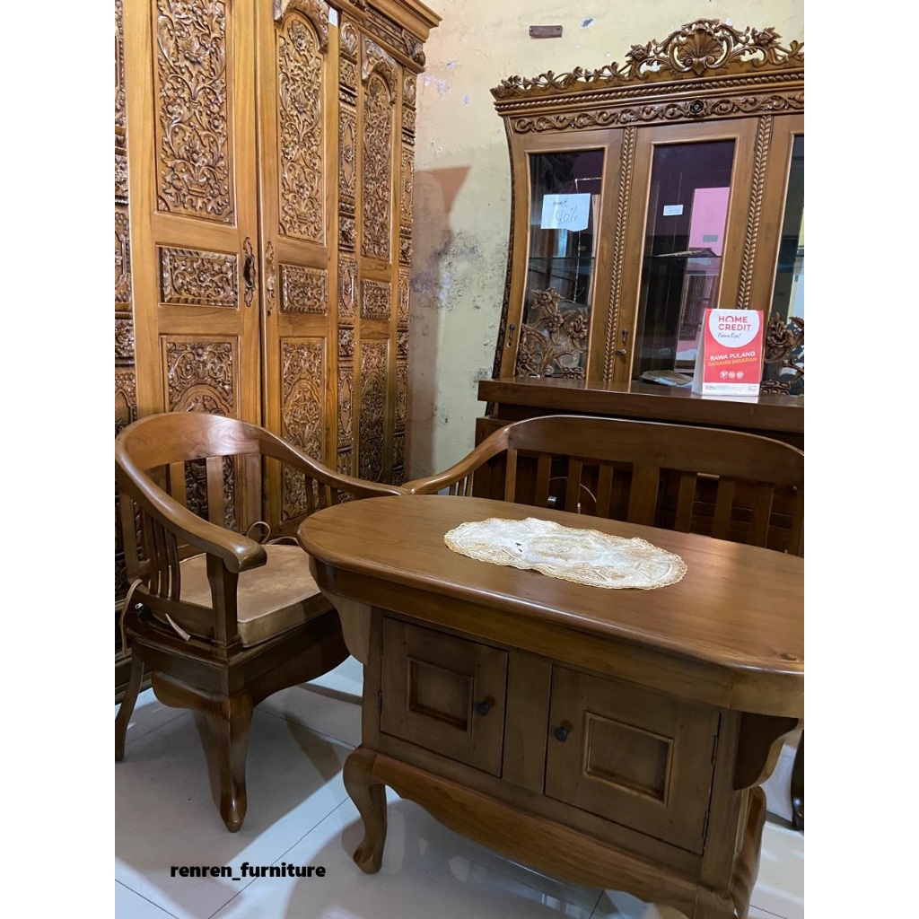 MEJA KURSI BETAWI SATU SET MEWAH (2+1+1) KAYU JATI