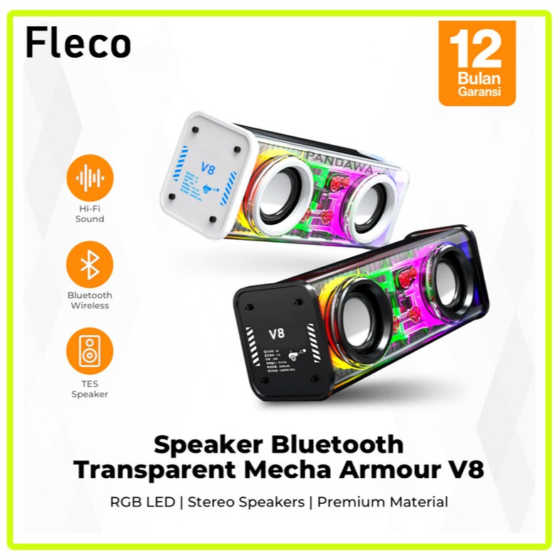 Fleco Speaker Bluetooth Transparent Mecha Armour V8 RGB LED Stereo Speaker promo