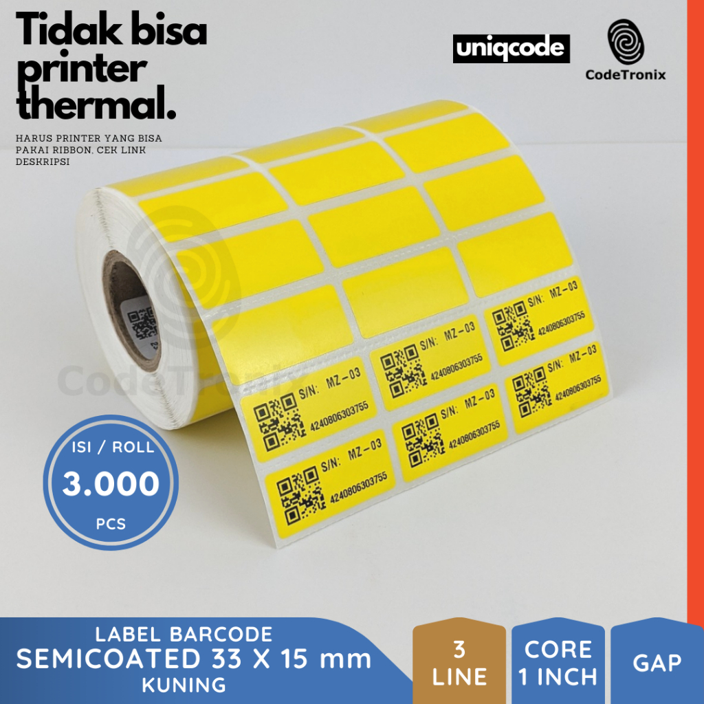 

Label Stiker Kertas Semicoated 33x15 Barcode Sticker Roll Warna 3 Line 3000 pcs