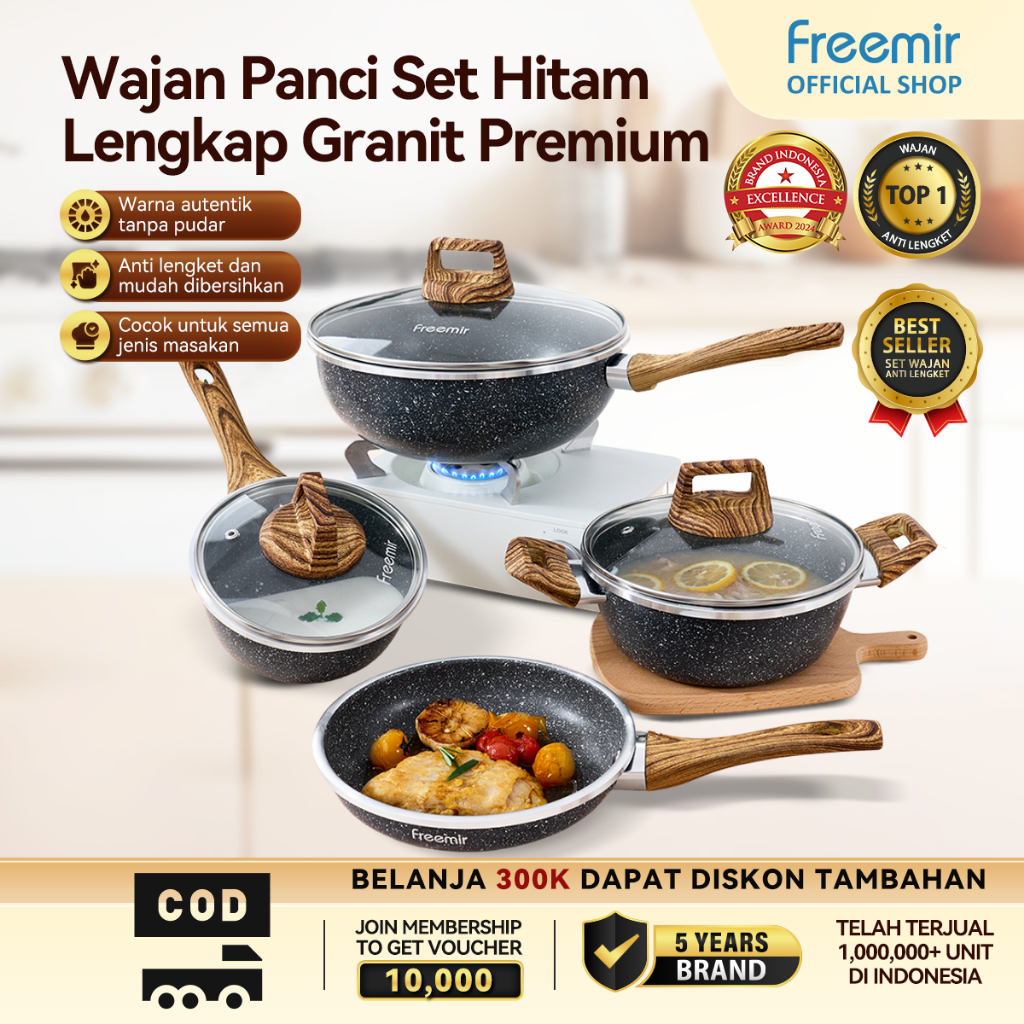 [OFFICIAL MALL] freemir Set 7 Pcs Wajan Panci 26/20/20/16 Cm Anti Lengket Lapisan Granit Alat Masak 