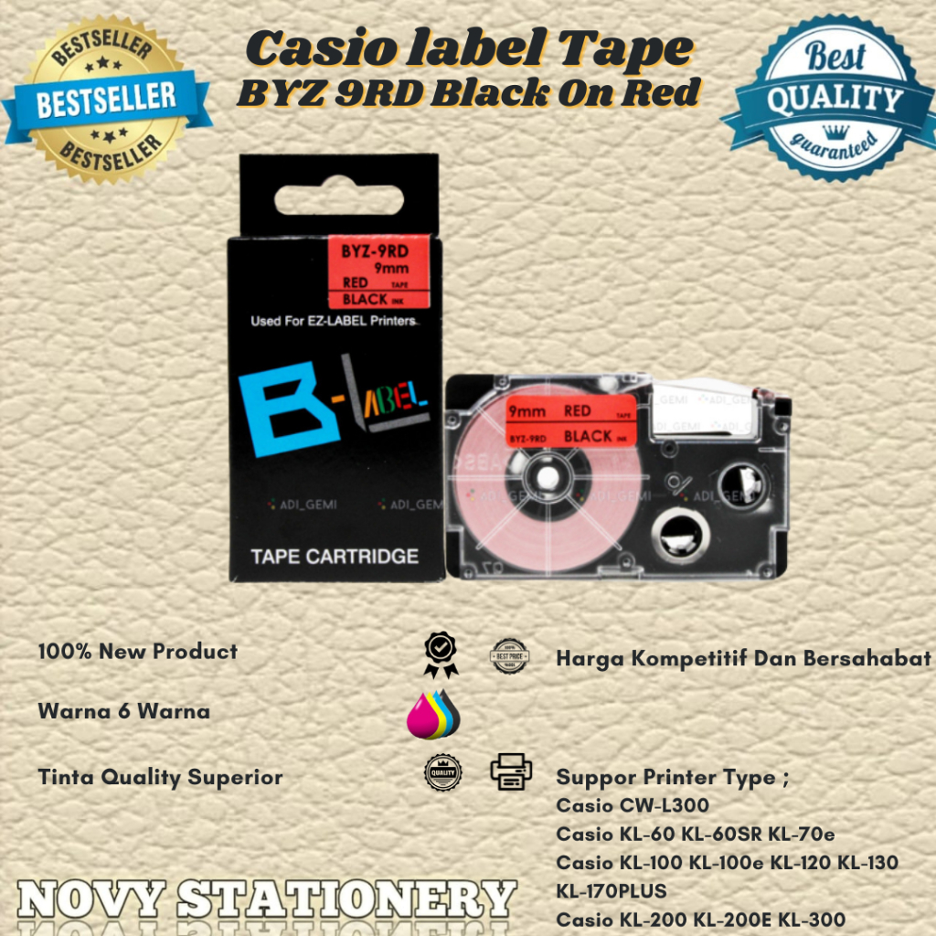 

Compatible Label Tape Casio BYZ 9RD Black On Red - KL-60 KL-60SR