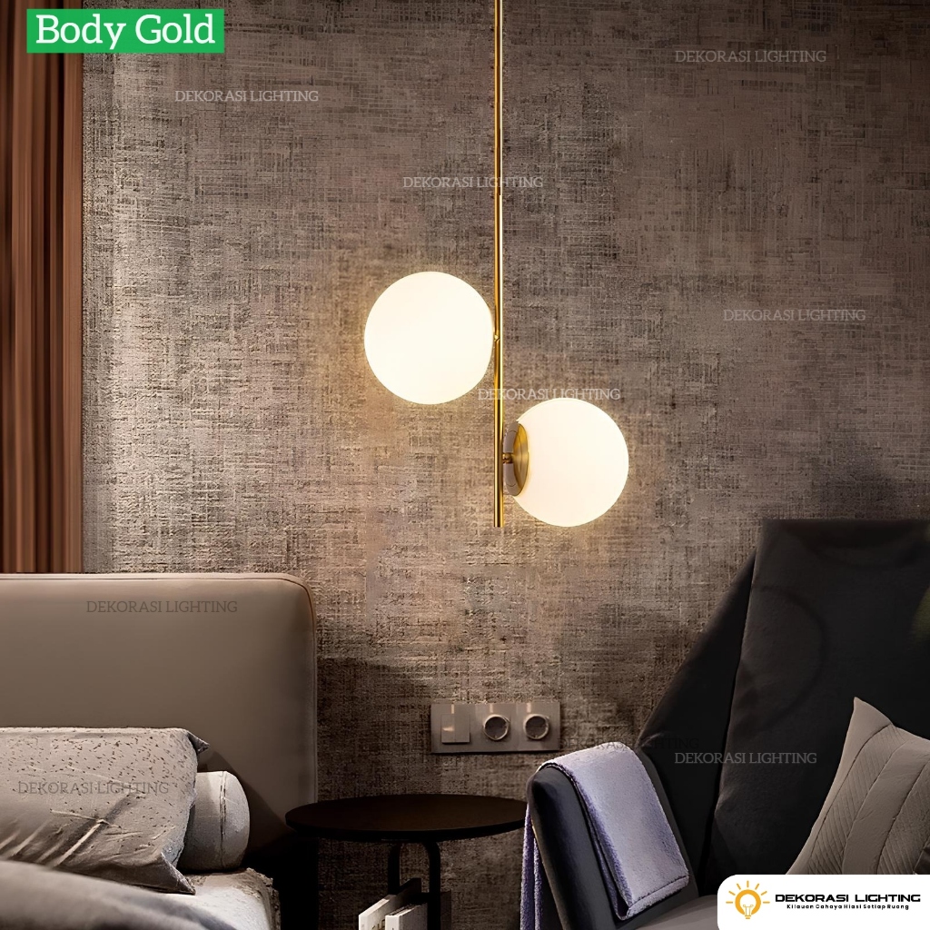 Lampu gantung gold kaca hias susu modern ruang tamu kamar 2 lampu