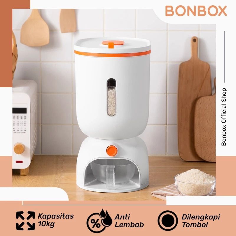 BONBOX Dispenser Beras Rice Box 10KG Tempat Penyimpanan Beras Transparan Otomatis BKE-701