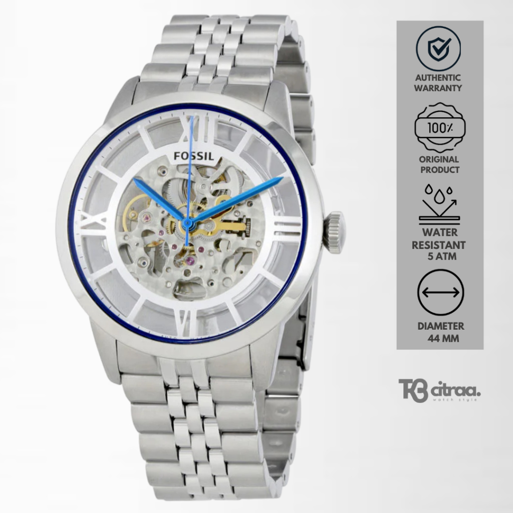 Jam Tangan Fossil Automatic Pria Townsman Silver Stainless Steel Mewah Sporty Original ME3044