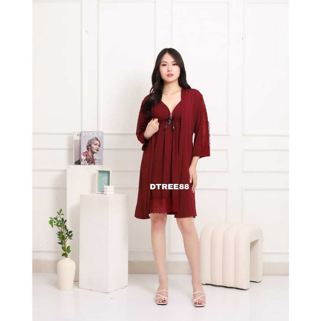 PROMO DISKON DTREE . LAURA Kimono SleepWear spandek sutra JUMBO Dress Kimono + Panties + Renda in