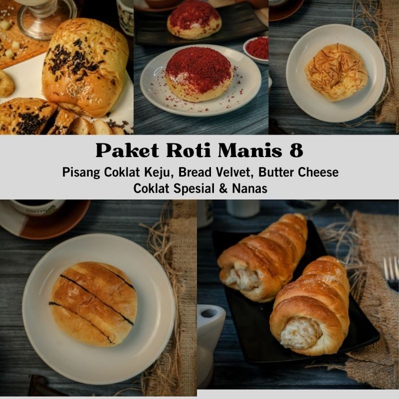 

Paket Roti Manis 8 isi Roti Nanas, Roti Pisang Coklat Keju, Coklat Spesial, Butter Cheese, Bread Velvet