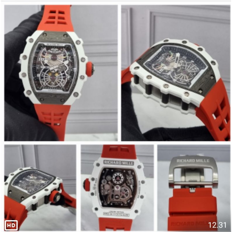 jam tangan rm 12-02 automatic mesin swiss body ceramik combi carbon strap karet