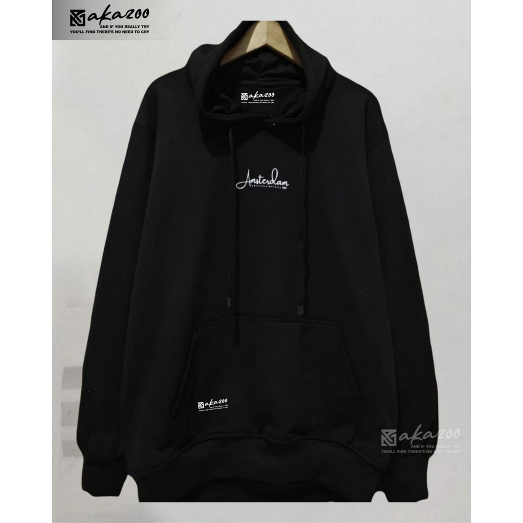 sweater pria sweater cowok distro AKAZOO warna hitam AMSTERDAM sablon putih unisex premium
