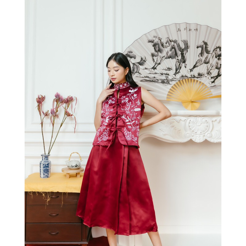 #82312 (REAL PIC) (BISA COD) White Fleur Embroidery Qipao set with Flare Dress / DRESS CHEONGSAM WAN