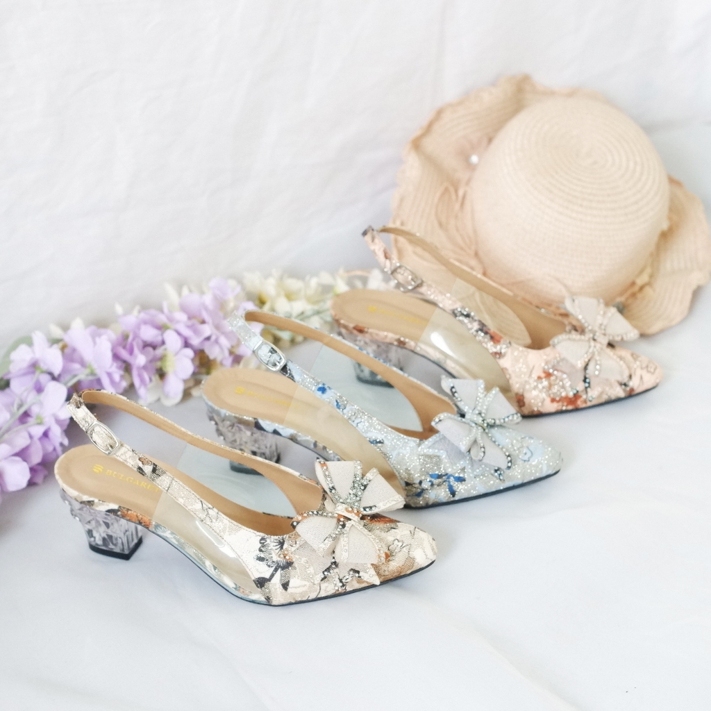 Heels Pesta Motif Bunga Pita Hak Kaca 5cm ZTA 06