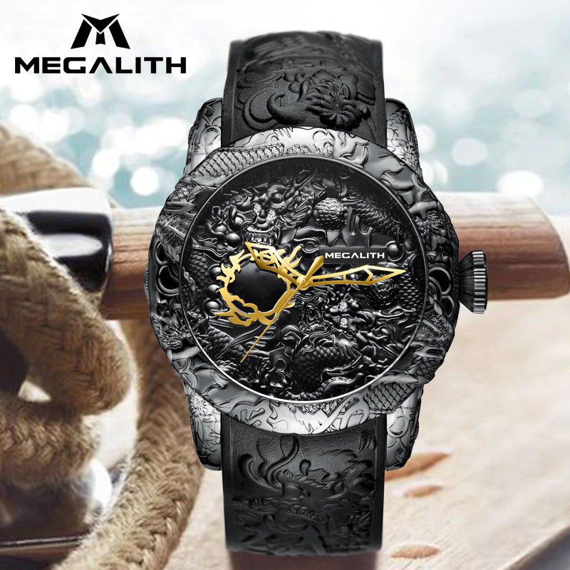 Jam Tangan Pria Dragon Series – Desain Ukir Naga 3D, Jarum Emas, Tali Silikon Premium