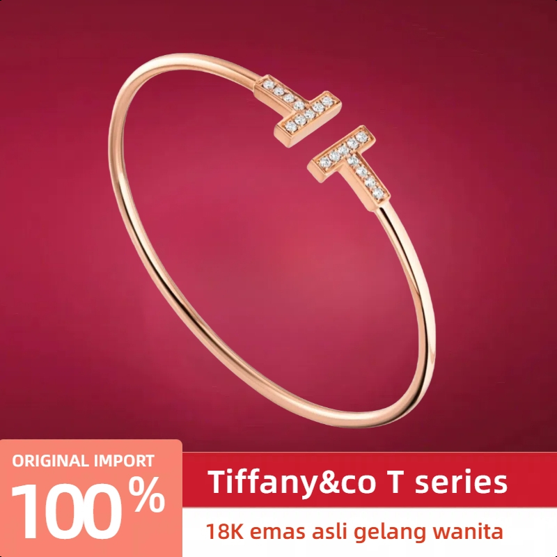 18K emas asli/100%ORITffny&co Gelang berian koil seri T/gelang wanita/Gelang emas mawar/emas