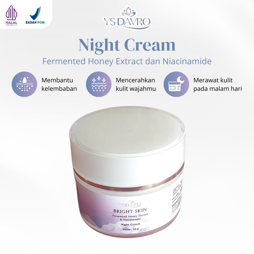 YS DAVRO Night Cream Fermented Honey Extract dan Niacinamide 10gr Krim Malam Mencerahkan Wajah