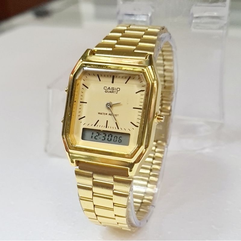 Casio Dual Time Jam Tangan Wanita Stainless Gold