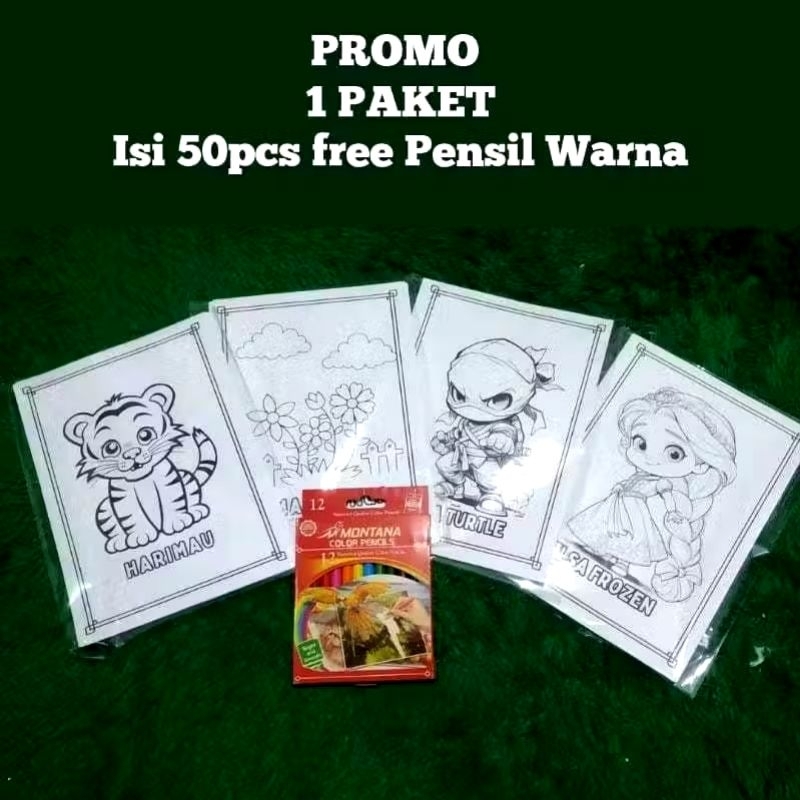 50 LEMBAR MEWARNAI PLUS PENSIL WARNA/CRAYON/SPIDOL